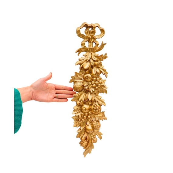 Long Made In Italy Golden Relief Fruit Leaves Swag Wall Plaque, Hollywood Regency Wall Decor