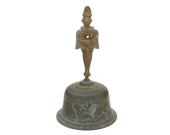Antique  Indian Hanuman Brass Bell with Engraved Animal Decoration.