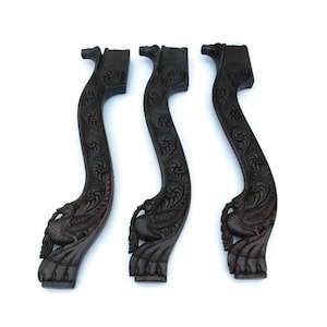 3 Antique Reclaimed Indian Wooden Legs For A Side Table With Hand Carved Animal Design Cobra ,Paradise Birds