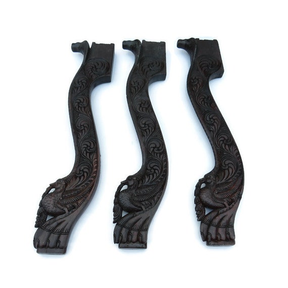 3 Antique Reclaimed Indian Wooden Legs For A Side Table With Hand Carved Animal Design Cobra ,Paradise Birds