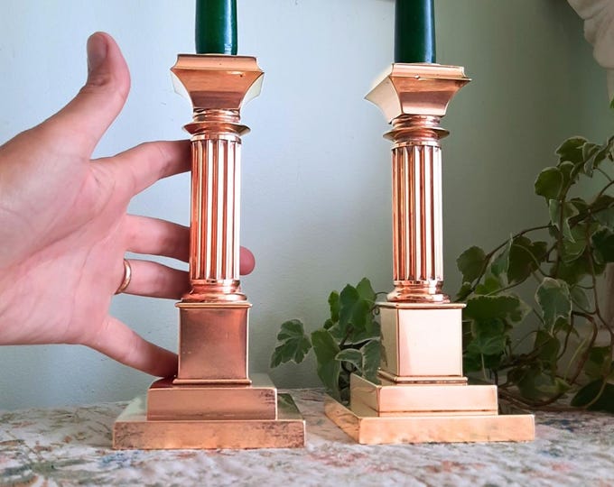 Antique Greek Column Heavy Solid Brass Candlesticks Holders Pair With Stepped Square Bases C 1920's.