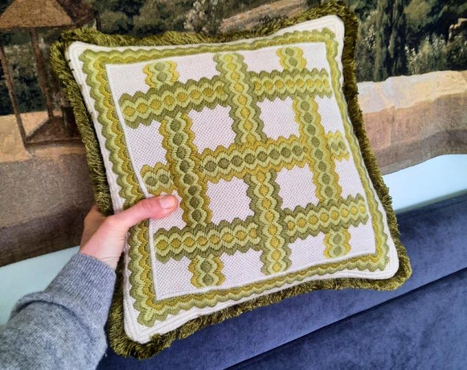 Mid Century Scandinavian Green Geometric Needlepoint Cushion Velvet Back C 1970's.