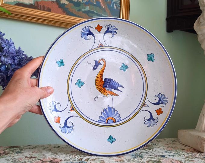 Large Deruta Renaissance Style Hand Painted Bird Decorative Ceramic Bowl Plate D 11.7 '' Mediterranean Decor