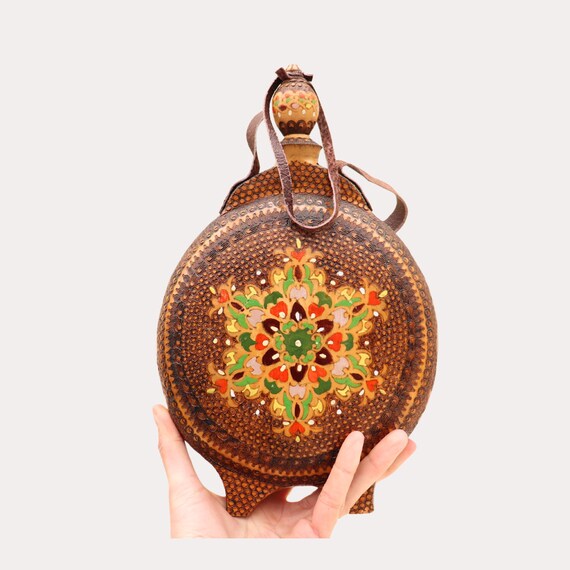 Vintage Bulgarian Traditional Handcrafted Wooden Pyrographed Decorative Flask, Retro Bulgarian Decor, Boho Home Decor