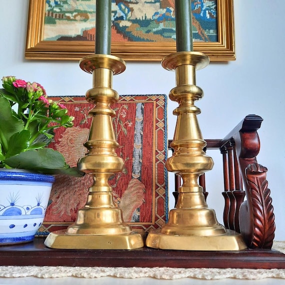 Large and Chunky Pair Of Victorian Brass Candlesticks Holders Pair H 9''