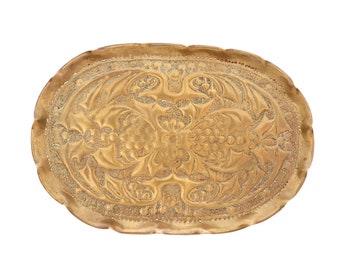 Large English Arts and Crafts Embossed Brass Floral Tray ,Vintage Catch It All Tray, Brass Fruit Tray