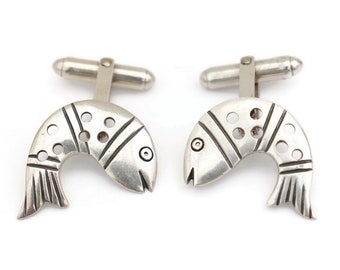 Vintage Modernist Sterling Silver Jumping Fish Cuff Links Wedding Cuff Links 925 Silver ,Wedding Groom Accessories .