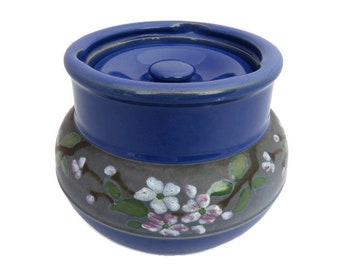 Vintage Blue Ceramic Ginger Jar with Blossom Cherry Tree Flowers Made In England.Ceramic Ginger Jar.Ceramic Lidded Jar