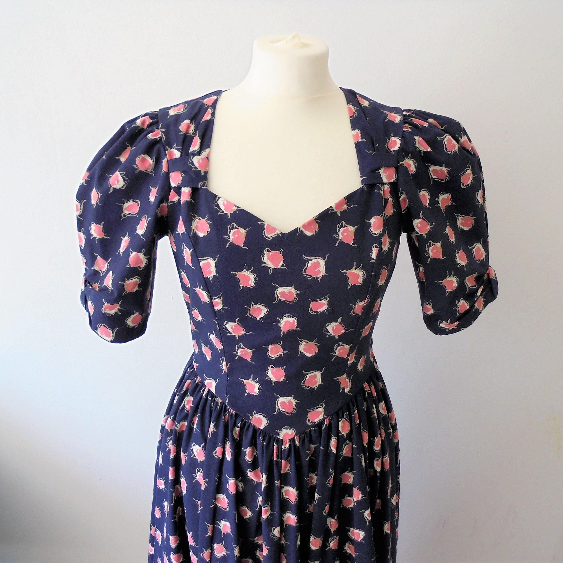 Vintage Laura Ashley Dress Modern Uk 8 Dark Blue And Pink Floral