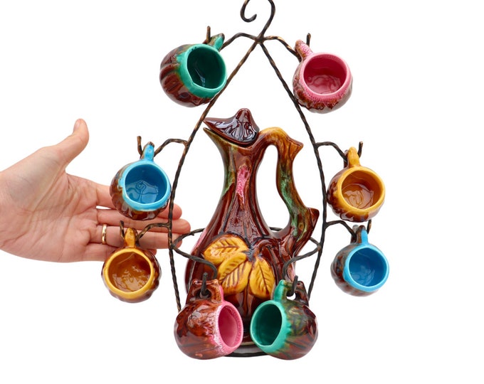 Mid Century Vallauris Pottery Liquor Decanter Set with Metal Stand