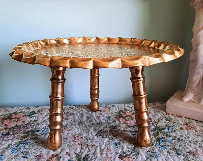 Vintage Turkish Middle Eastern Brass Pedestal With Three Strong Legs