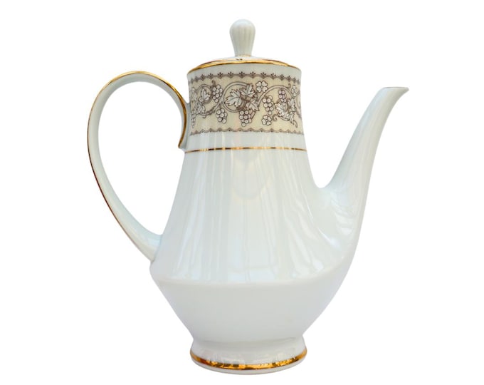 Mid Century Noritake Bella Coffee Pot: White Leaves & Grapes Porcelain
