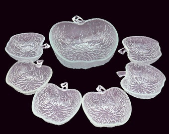Mid Century Italian CoVetro glass apple dishes set , Retro Apple Shaped Serving Bowl and Six matching smaller Bowls 1970s