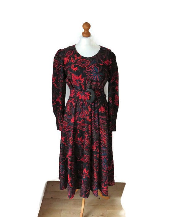 Vintage Jaeger Floral Wool Dress Red Blue 80's 12 UK.80's Dress By