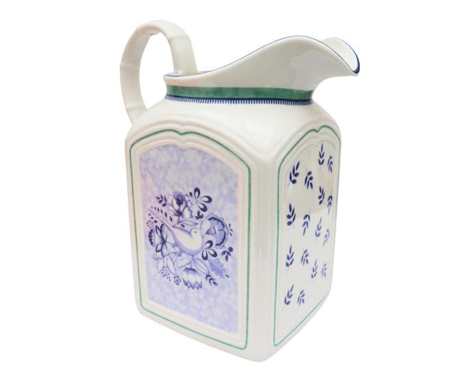 Large Villeroy & Boch Porcelain Jug: Floral Bird Design, Bamboo Handle