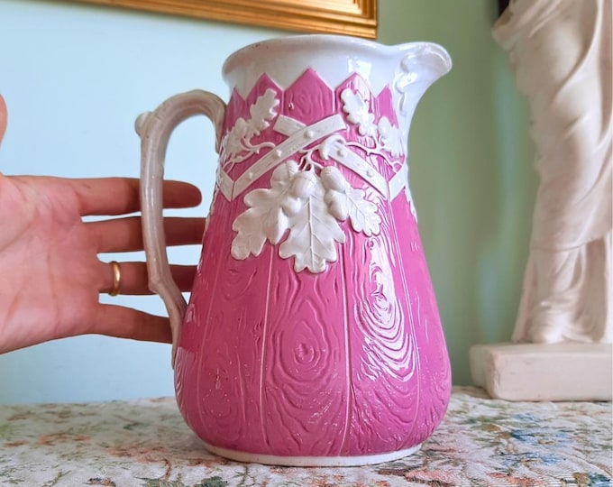 Victorian Copeland Spode Decorative Stoneware Jug Acorns and Picket Fence Pattern 1860's RARE Pink Colour