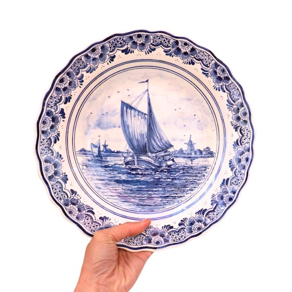 Large Blue And White Delft Blauw Pottery Wall Plate Hand Painted Coastal Scene Boat In The Sea