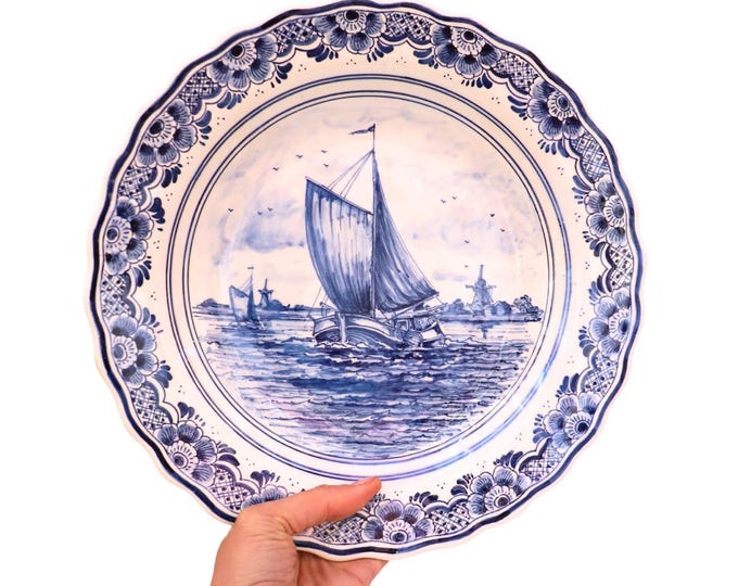 Large Hand-Painted Delft Blauw Pottery Wall Plate: Coastal Boat Scene