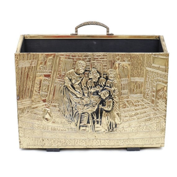 Vintage Lombard Brass Embossed Magazine Family Scene,Made in England  Brass Magazine Holder Magazine Storage/Colonial Standing Magazine Rack