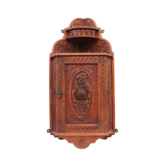 Vintage French Provincial Wood Handcrafted Medicine Bathroom Kitchen Wall Corner Cabinet With Carved Flowers and Birds H 32.2'' C 1940's.