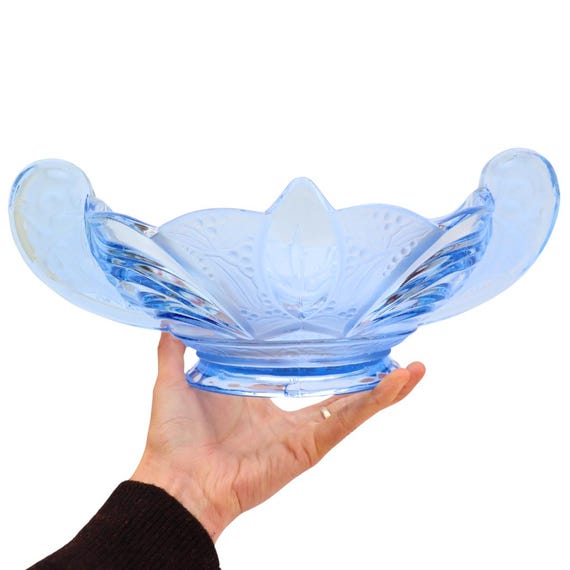 Art Deco German Pressed Glass Bowl By Brockwitz nr 9073a by Fritz Scheiner, Blue Deco Centrepice