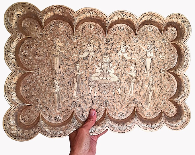 Large Antique Indian Brass Tray Finely Hand Engraved Hindu Gods Scene Rectangular Shape Scalloped Edges L 19''.