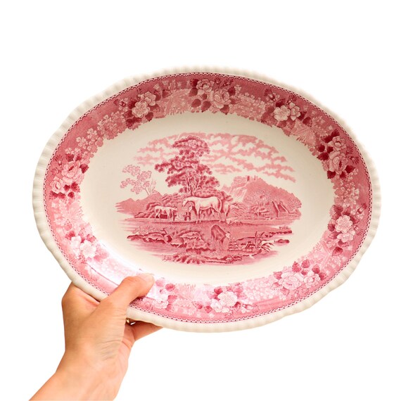 Adams Pink English Scenic Pattern Horses Farm Vegetable Bowl 14.2'', Traditional British Oval Vegetable Bowl By Adams, Cottage Core