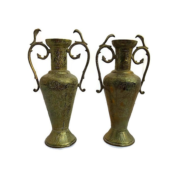Antique Indian Engraved Brass Urn Vases With Cobra Snake Handles Pair