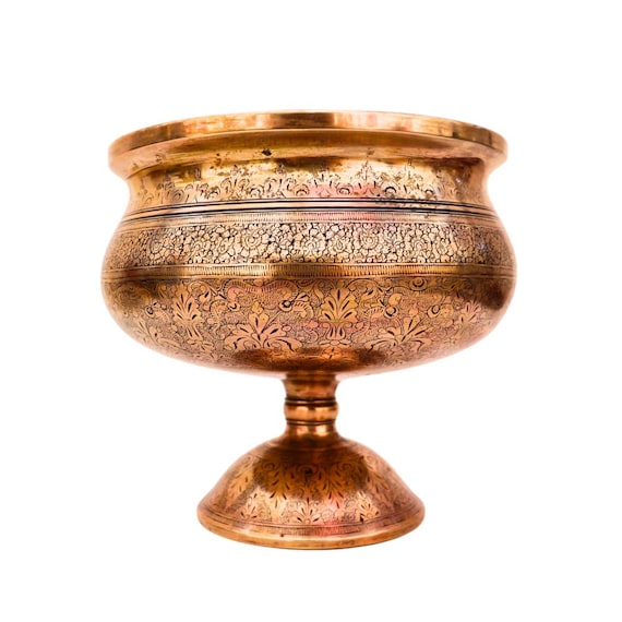 Mid-Century Indian Brass Pedestal Planter Engraved Decoration Tall 6.7