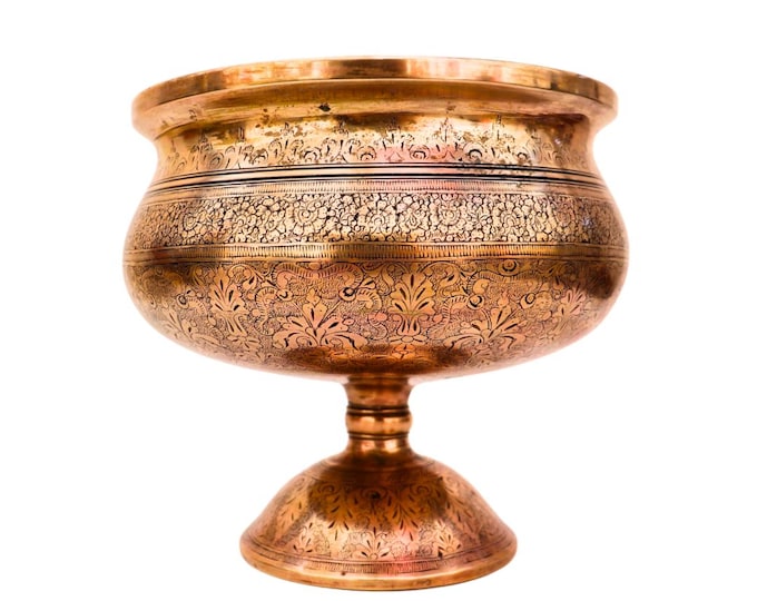 Mid-Century Indian Brass Pedestal Planter Engraved Decoration Tall 6.7