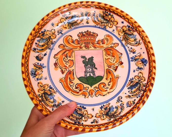 Vintage Wall Plate From Slovenia With Hand Painted Medieval Style Dragon and Tower Coat Of Arms 10.5 in D 1983