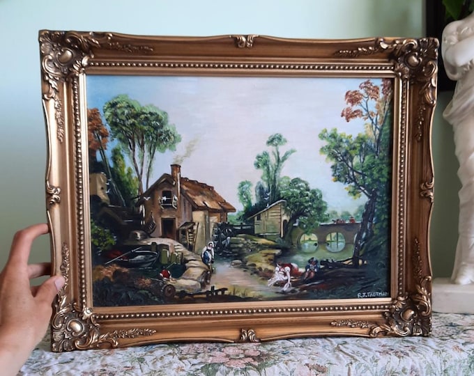Ornate Golden Framed Pastoral Scene With Riverside Watermill By R J Trotman