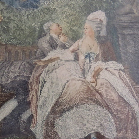 Antique Rococo Coloured Etching After Moreau Le Jeune Title Oui Ou Non From Le Monument de Costume Physique et Moral