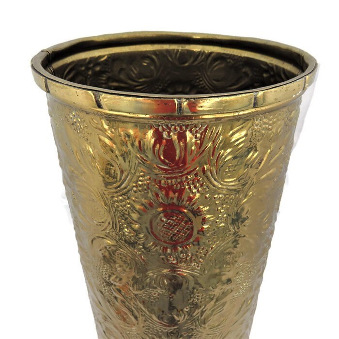 Vintage Embossed Brass Umbrella Stand Floral Design Made in India H 19.