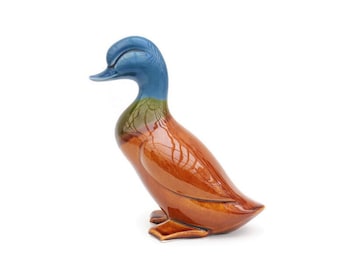 Retro Wellow Pottery Duck Figure H 8.5''.Vintage  Animal Ornament .