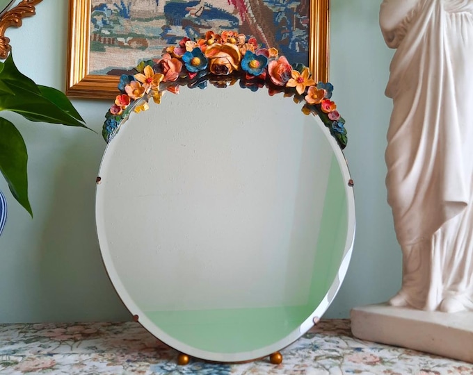Large Old English Barbola C1940's Oval Ornate Table Top Mirror With Floral Decoration 17'' Tall