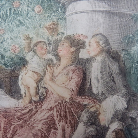 Antique Coloured Etching After Moreau Le Jeune Title ''Les Delices de la Maternite'' From Le Monument de Costume Physique et Moral