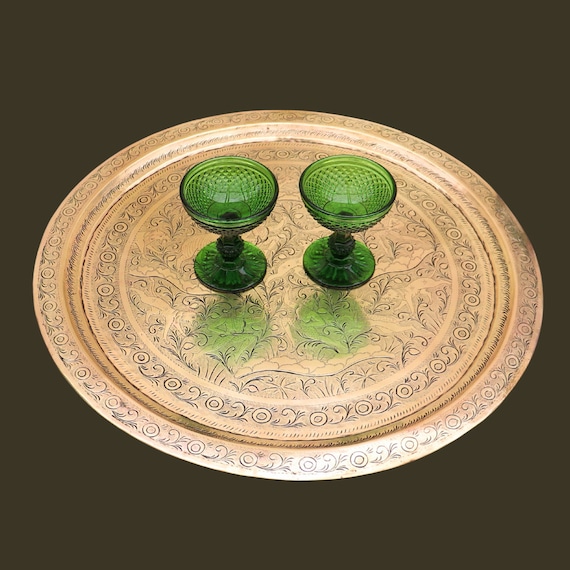 Large Antique Indian Hand Engraved Brass Tray With An Animal And Figural Design Diameter 20''