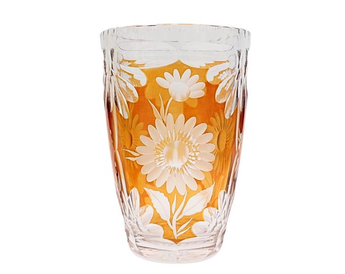 Mid Century Cut Crystal Floral Vase - Huta Szkła Julia - 1960s Poland