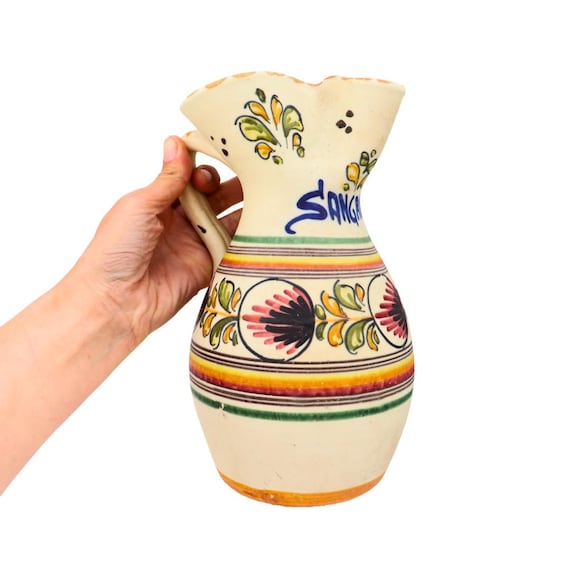 Large Spanish Hand-thrown Pottery Made In Toledo Pitcher Jug, Sangria Pottery Jug Hand-painted Floral Decoration