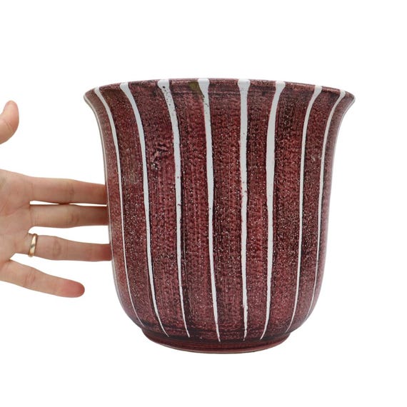 Large Mid Century Striped Studio Pottery Planter By Denby Red-Brownish Shade and White