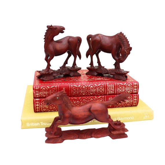 Small Mid Century Chinese Carved Wood Mu Wang Horses Set Of 3 Beautifully Carved
