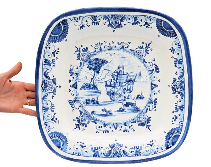 Large Delft Blue Hand-Painted Charger: 17th Century Style, 16''