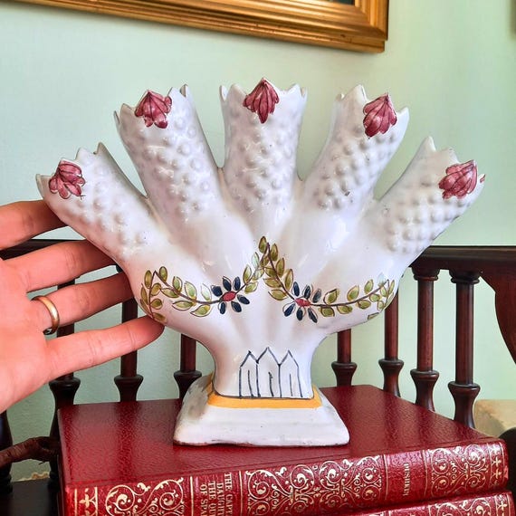 Vintage Portuguese Hand Painted 5 Finger Tulipiere Vase Decorated In The 17th Century Manner