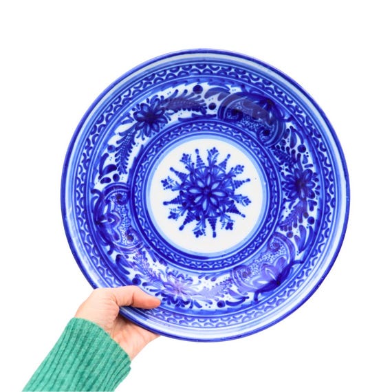 Large Spanish Pottery Hand Painted Blue and White  Wall Plate l Made In Spain By Maestre.