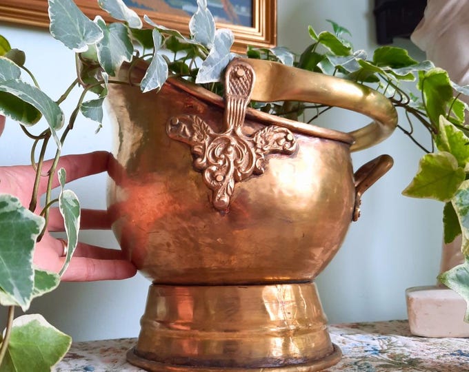 Old Brass Planter Jardiniere. Small Fireplace Coal Scuttle, Ornate Victorian Hammered Coal Scuttle, Ornate Brass Planter