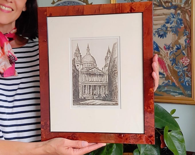 Antique Wooden Framed Authentic Etching Of St Paul's Cathedral In London By Arthur Spencer