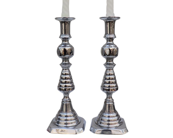 Large Antique Beehive Chrome Plated Brass Candlesticks Holders, Victorian Candle Holders