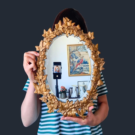 Antique Victorian Gilt Cast Iron Oval Wall Mirror With Naturalistic Leaves Frame and Bevelled Edge Mirror Plate H 19.2''