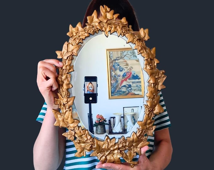 Antique Victorian Gilt Cast Iron Oval Mirror: Naturalistic Leaf Frame